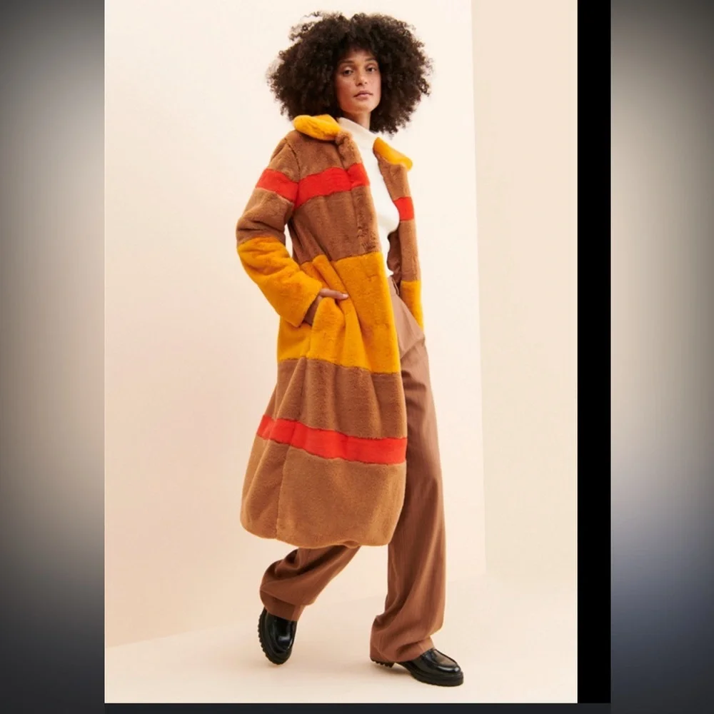 Anthropologie Hutch Colorblock Stripe Faux Fur Coat